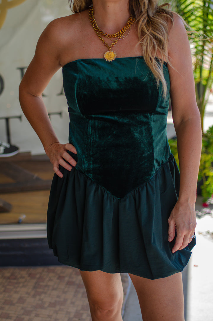 Take Me Out Velvet Strapless Bubble Hem Dress in Emerald