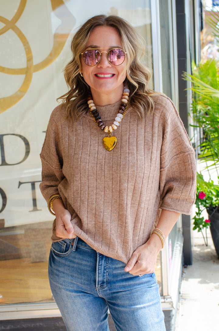 Perfect Fall Short Sleeve Textured Sweater Top in Mocha