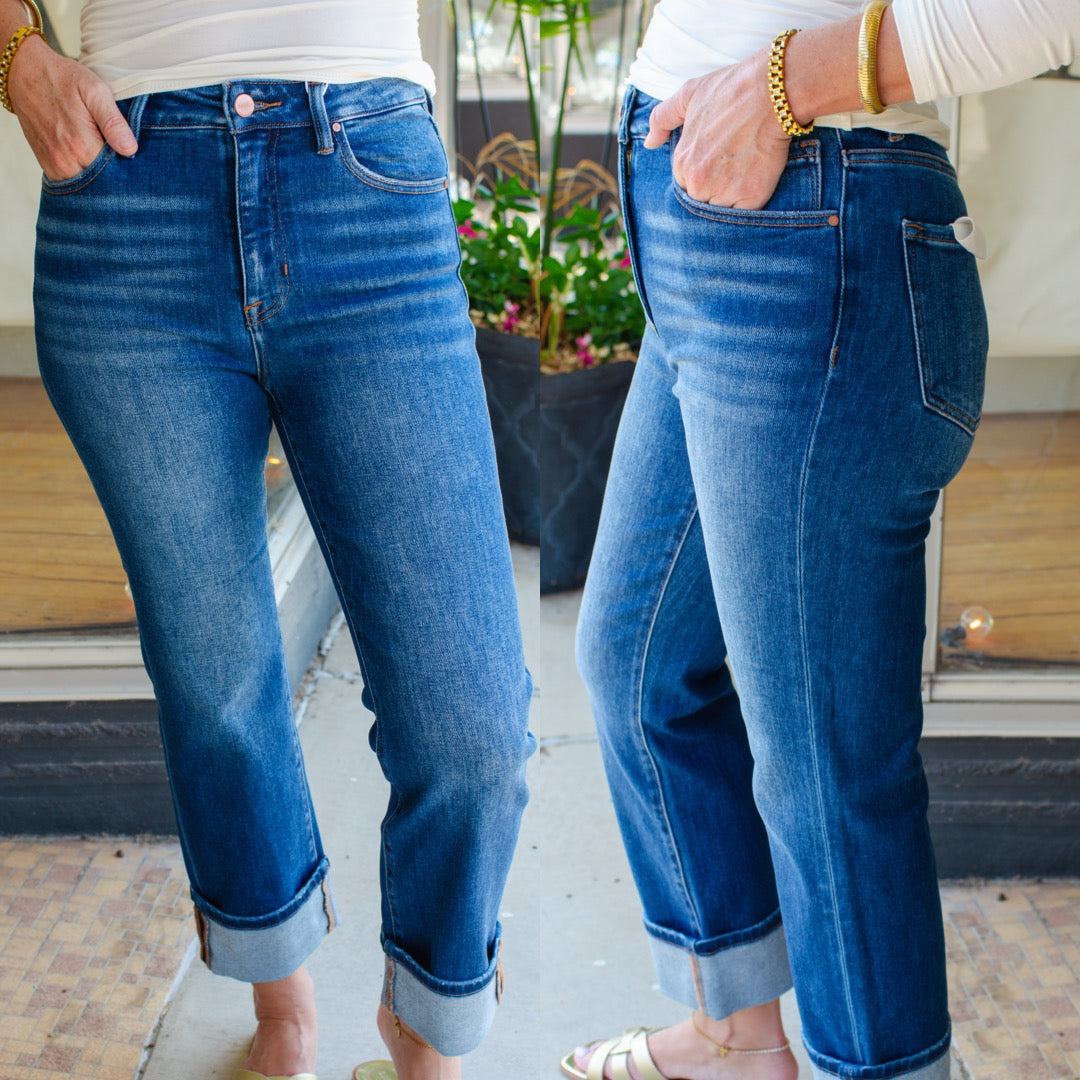 Risen High Rise Ankle Straight Cuffed Jeans in Dark Wash