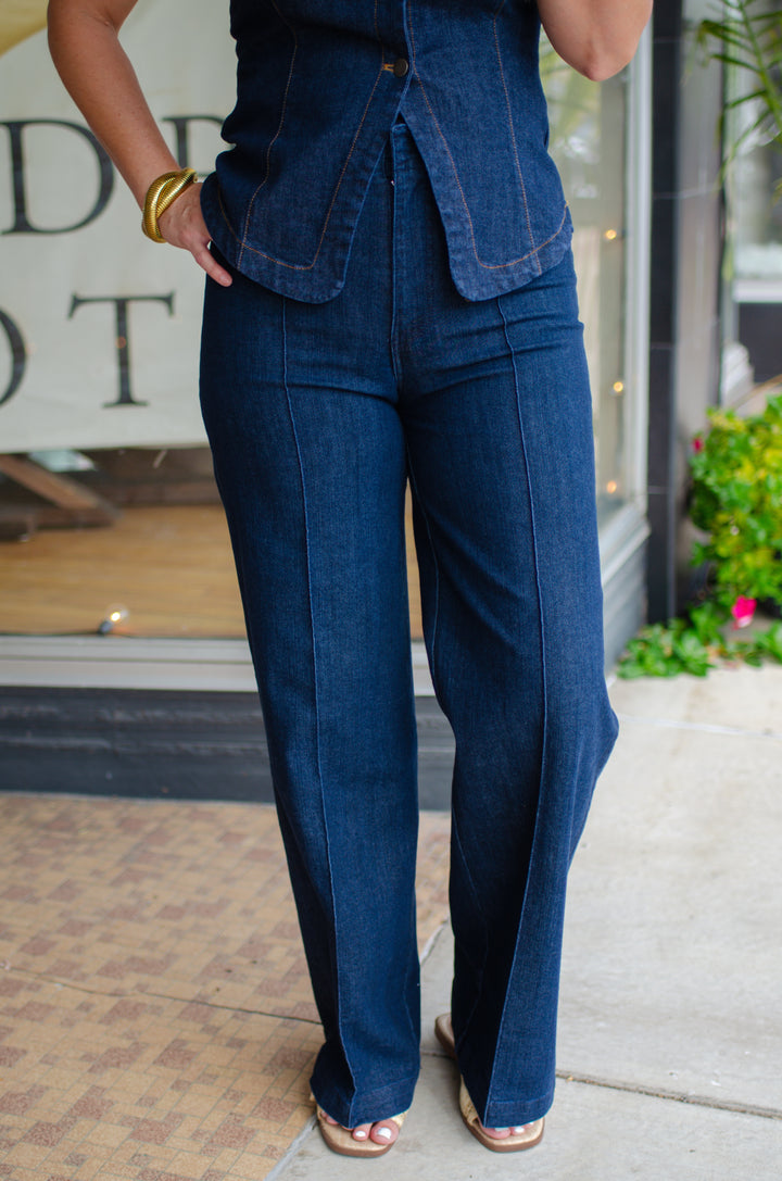Chic Denim Pintuck Wide Leg High Rise Pant Pant