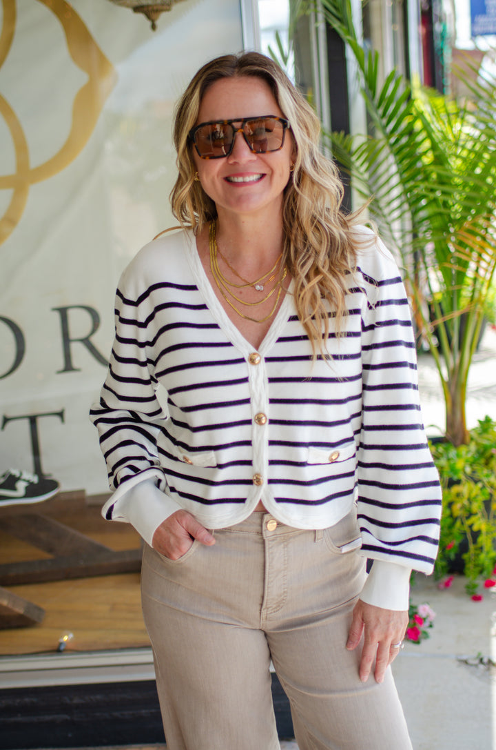 Class Act Stripe Long Sleeve Braided Trim Cardigan in Cream