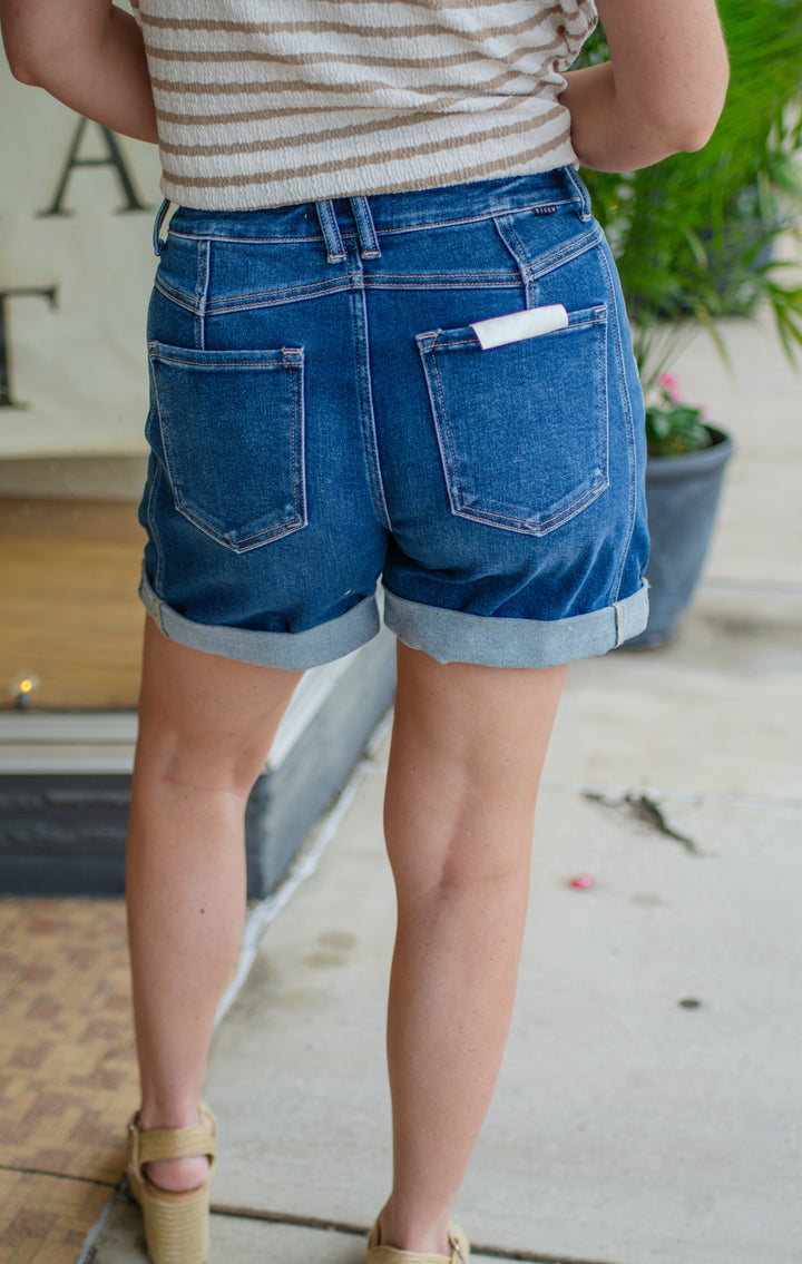 Risen High Rise Barrel Denim Shorts
