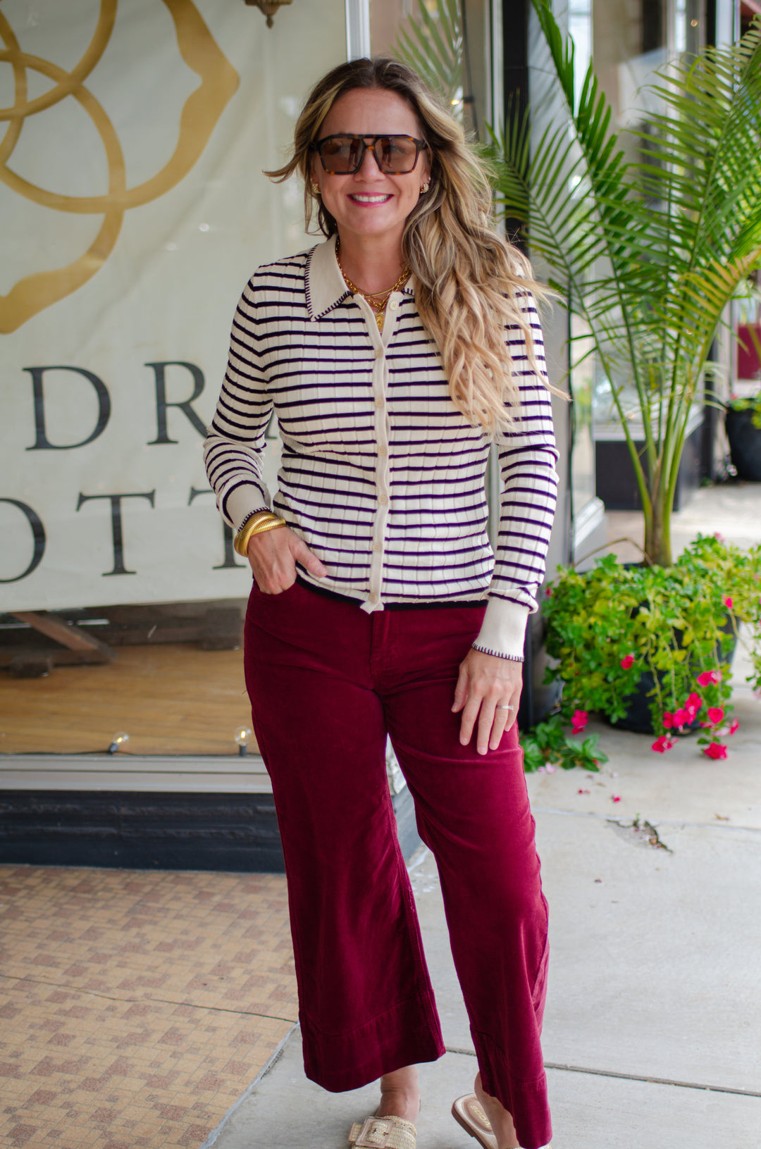 Perfectly Poised Contrast Button Down Collared Sweater Top in Beige
