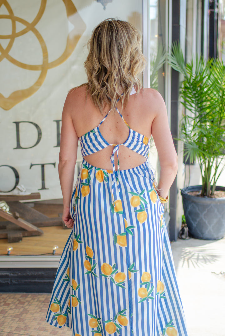 Italian Summer Lemon Blue Stripe Maxi Dress