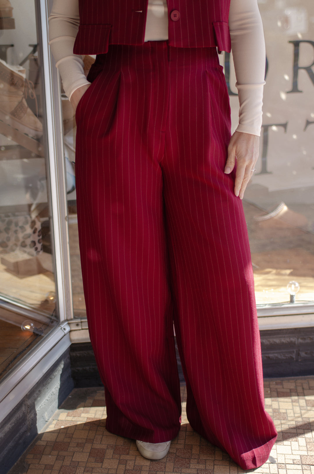 Your The One High Rise Stretch Waist Pleated Front Burgundy Pinstripe Pant