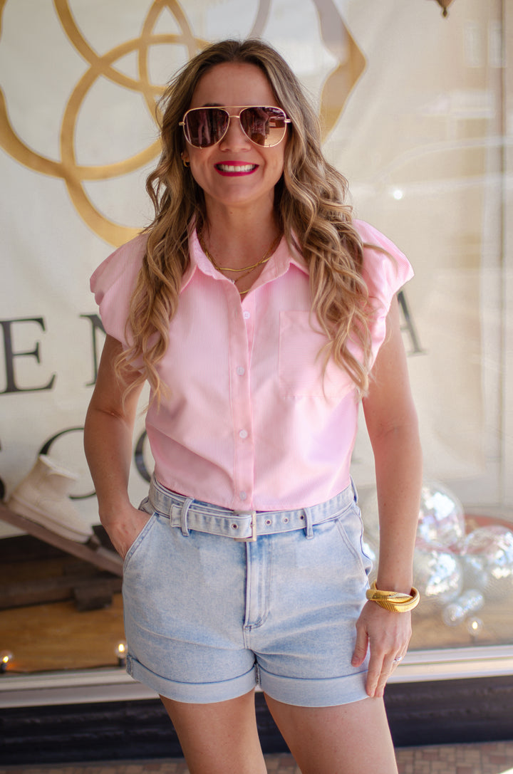 On Point Stripe Button Down Pouf Sleeve Collared Top in Pink