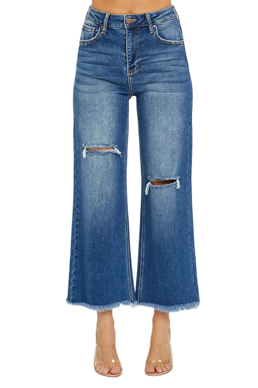 Risen High Rise Frayed Ankle Wide Leg Jeans in Dark Wash