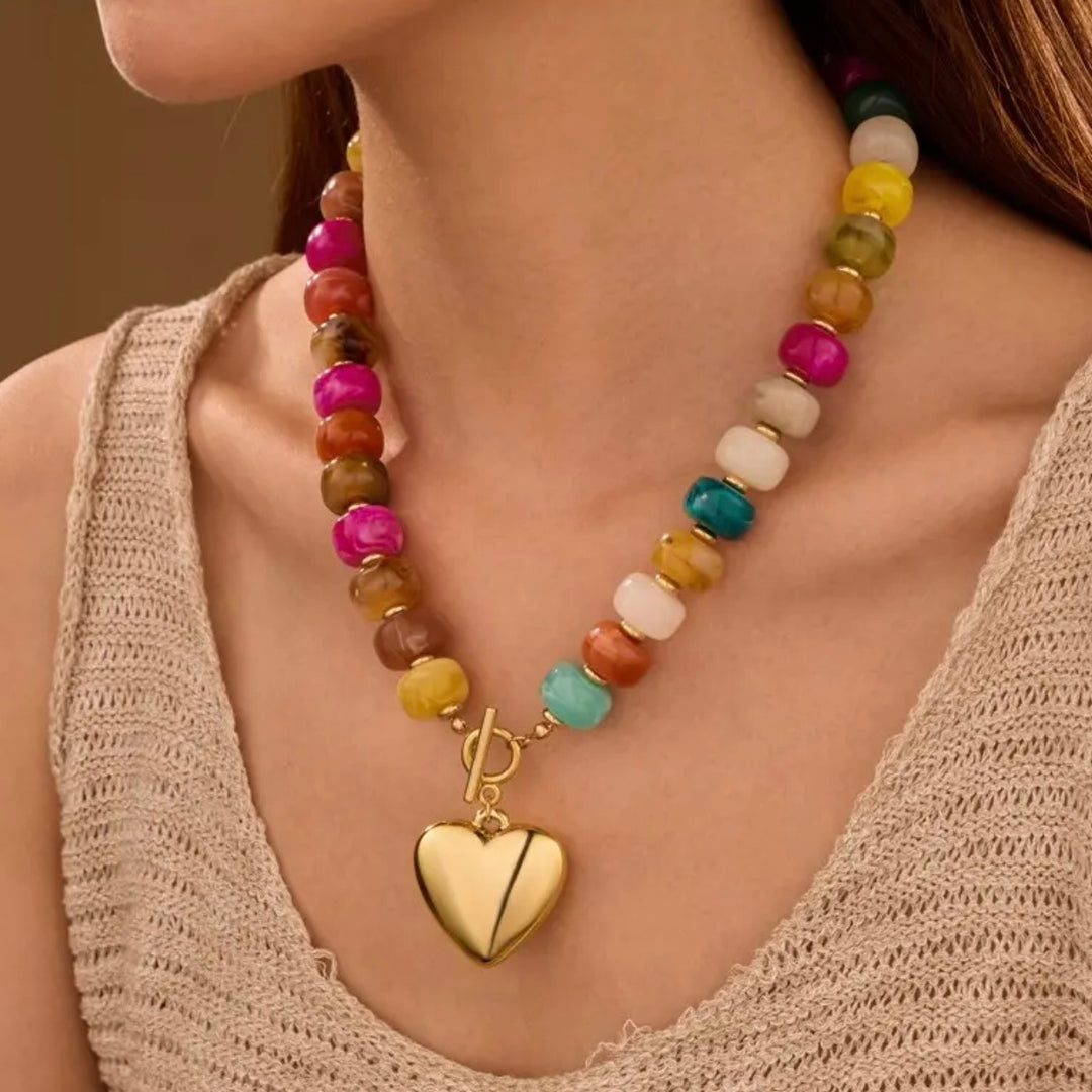 Multi Color Resin Beaded Heart Charm Necklace