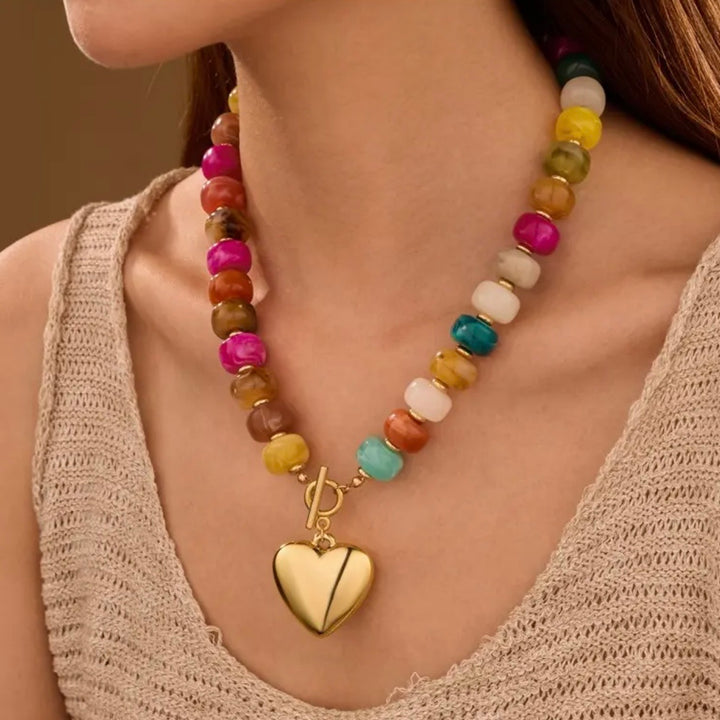 Multi Color Resin Beaded Heart Charm Necklace