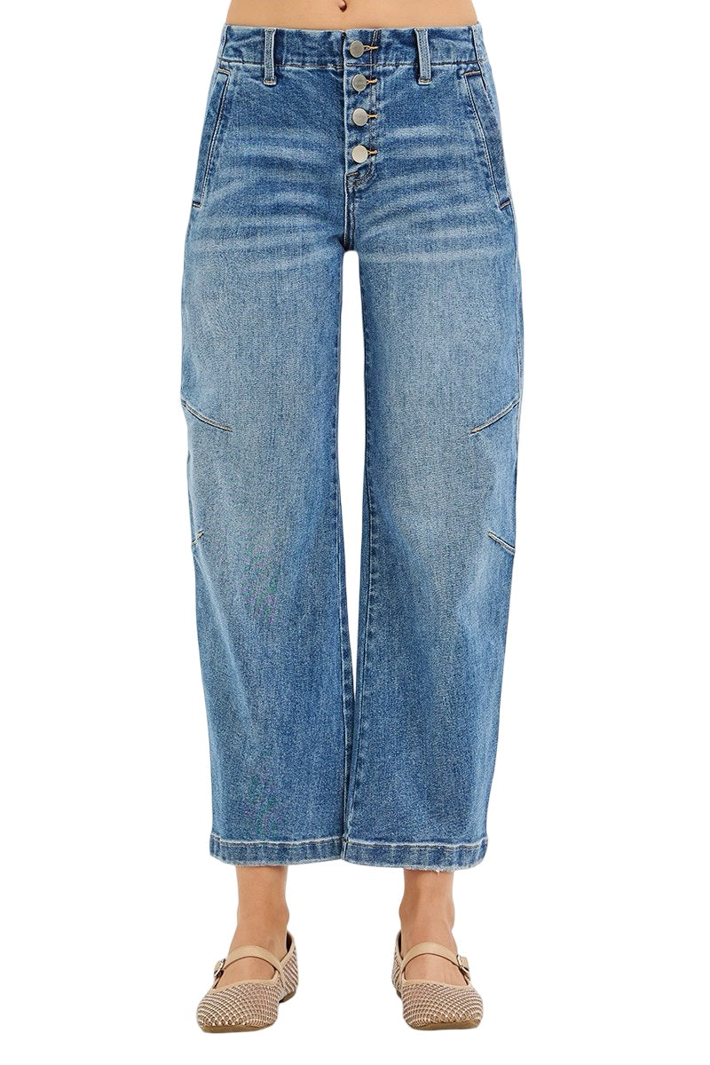 Risen Slouchy Crop Barrel Twist Seams Button Down Jeans in Medium Wash