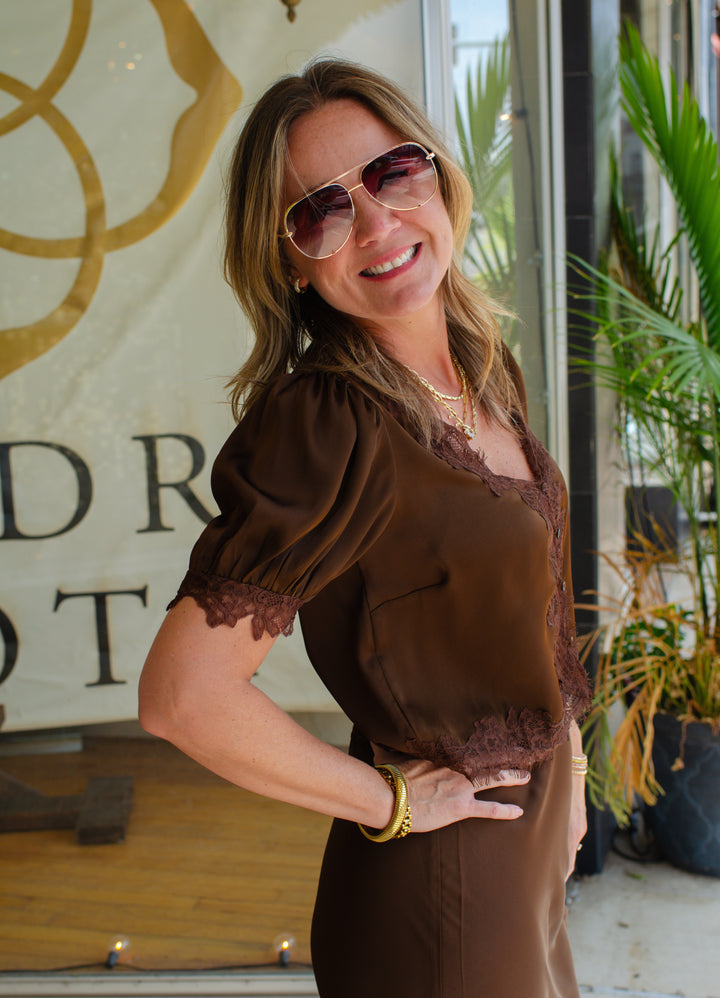 Pure Romance Satin Lace Trim V-Neck Puff Sleeve Blouse in Chocolate