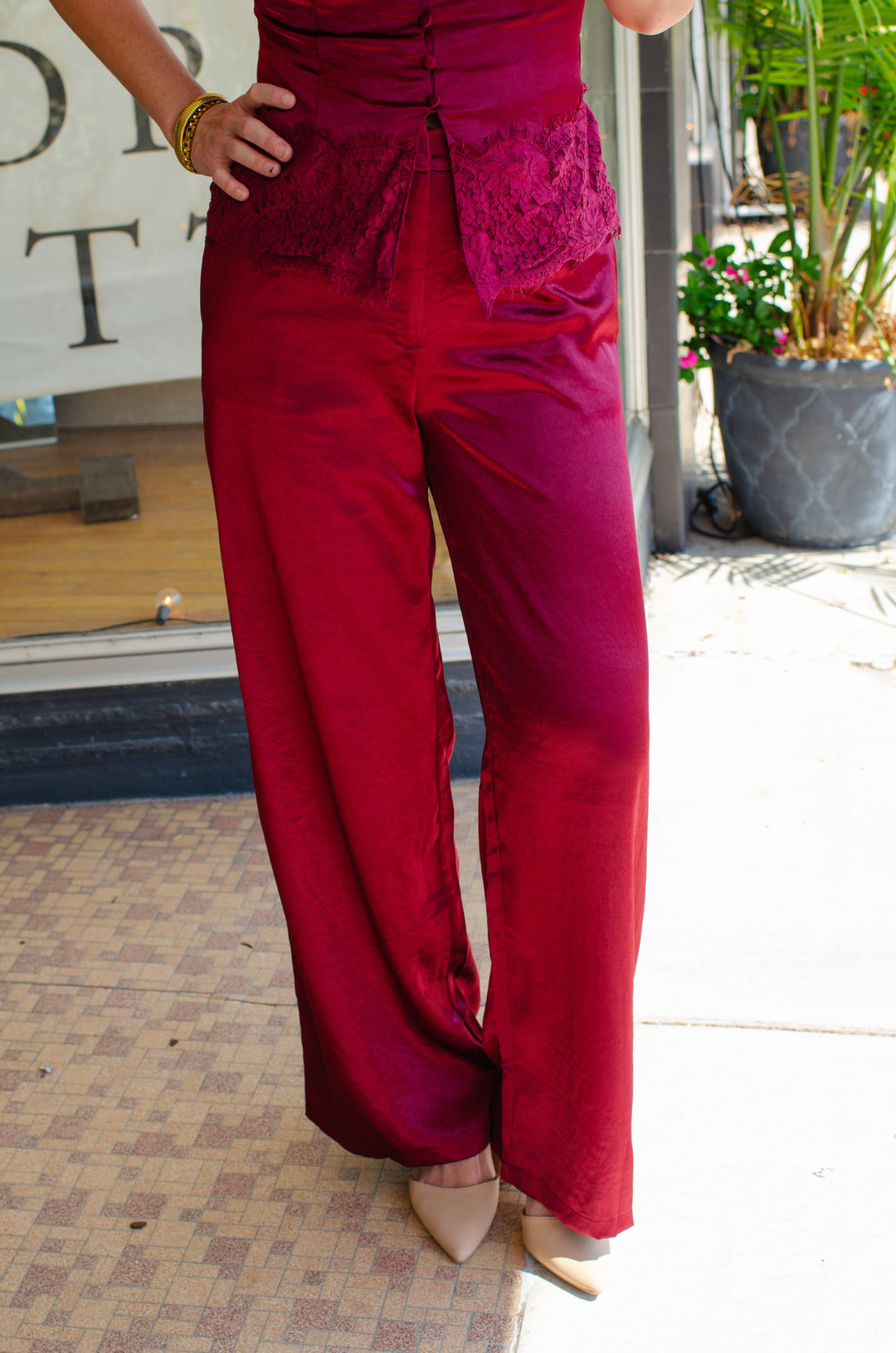 Fall Romance High Rise Satin Wide Leg Pant in Wine