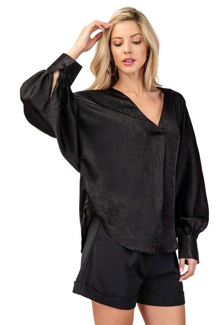 One True Love V-Neck Silky Long Sleeve Top in Black