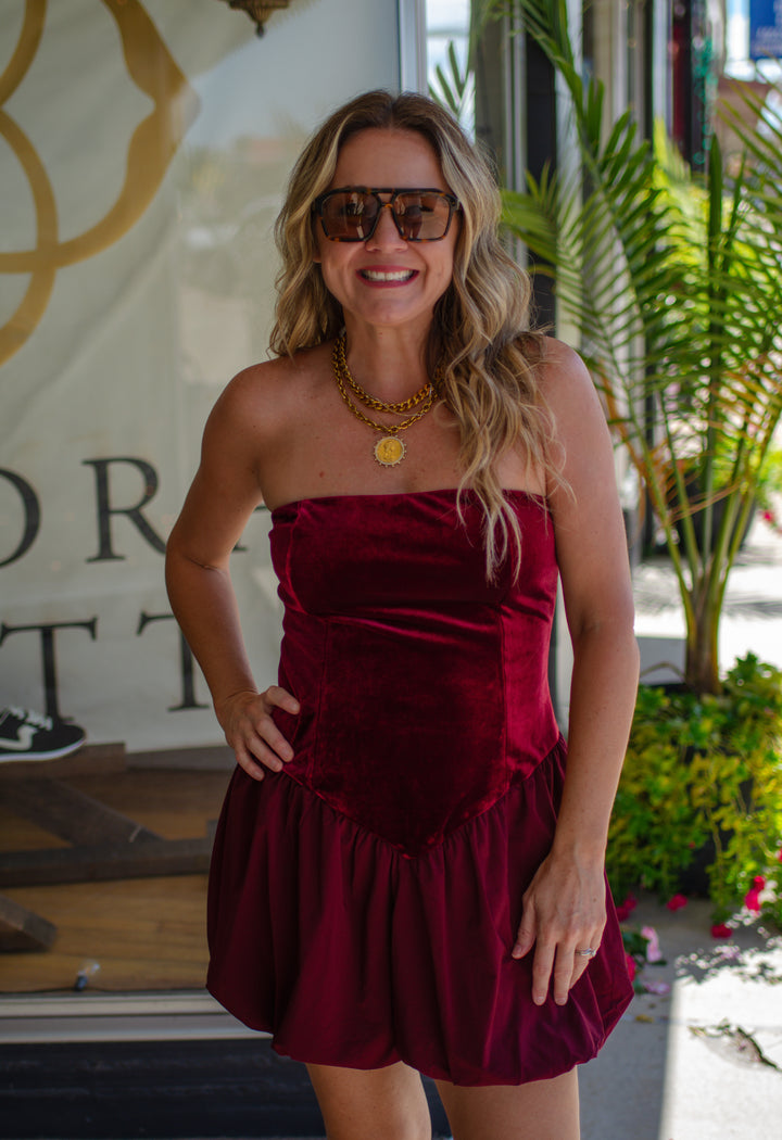 Take Me Out Velvet Strapless Bubble Hem Dress in Wine