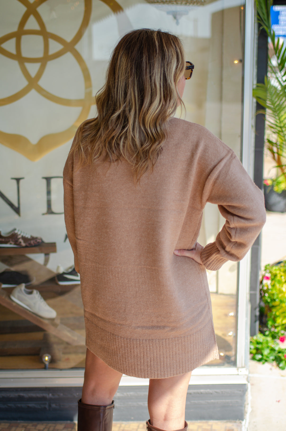 Bonfire Babe Mock Neck Sweater Dress in Camel