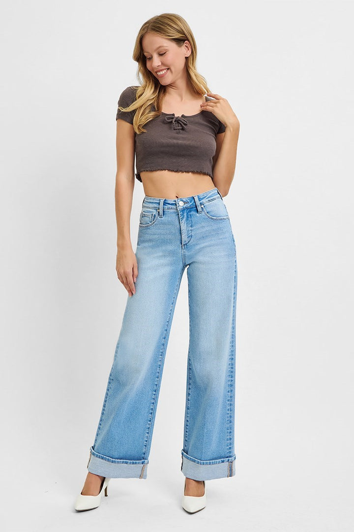 Risen High Rise Tummy Control Wide Leg jeans in Light Wash