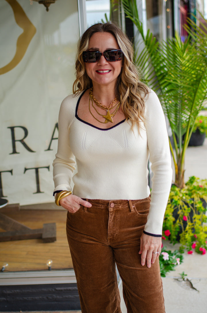 Fall Wishes Top in Cream with Black Trim