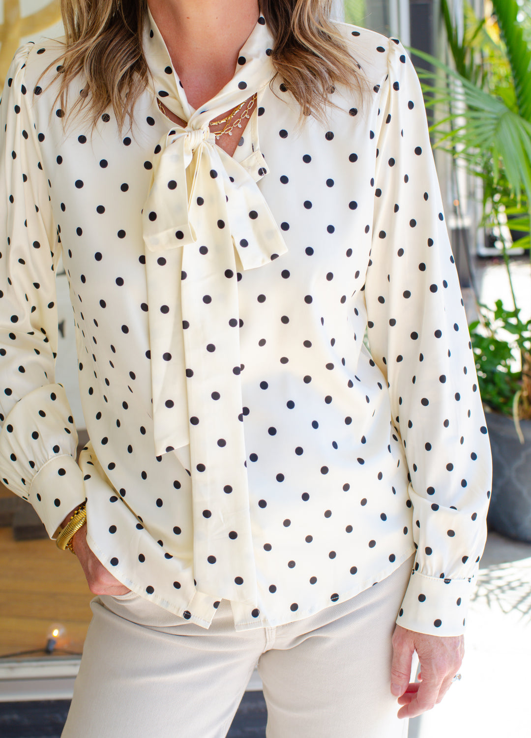 Night Out Polka Dot Button Down Bow Neckline Blouse in Off White & Black