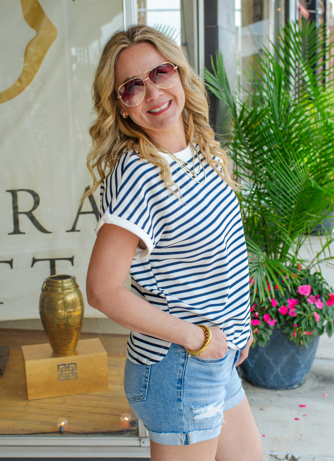 Nautical Navy & White Stripe Round Neckline Top