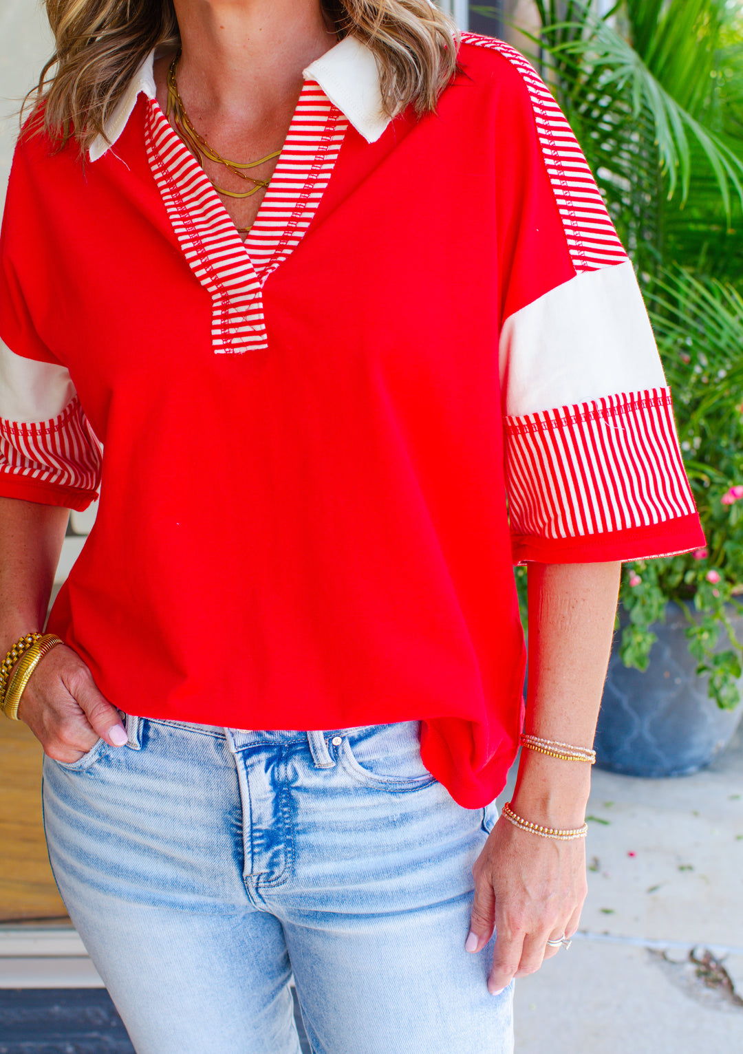 Comfort in You Stripe V-Neck Top in red & cream