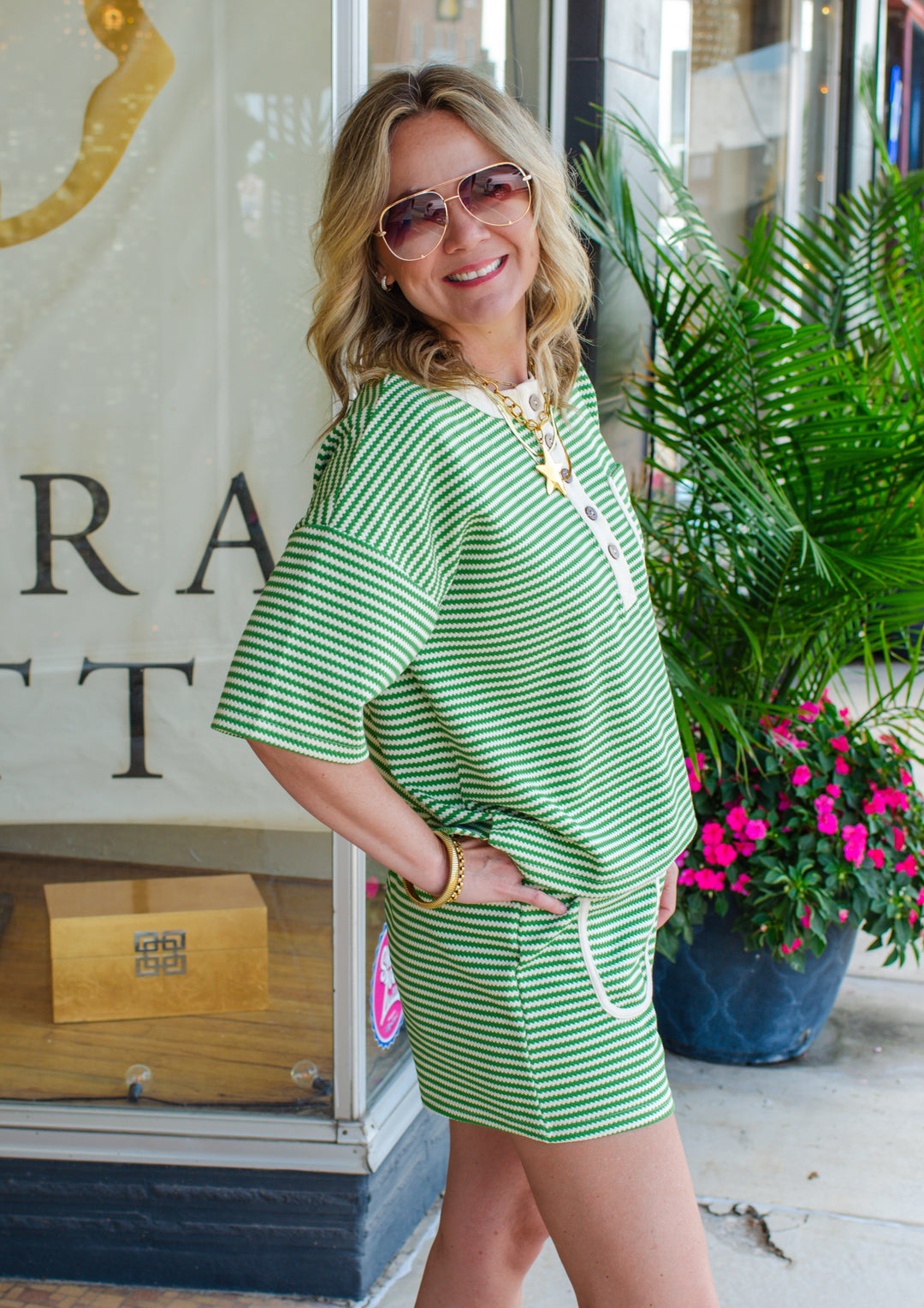 Pure Luck Green Stripe Button Down Pocket Top