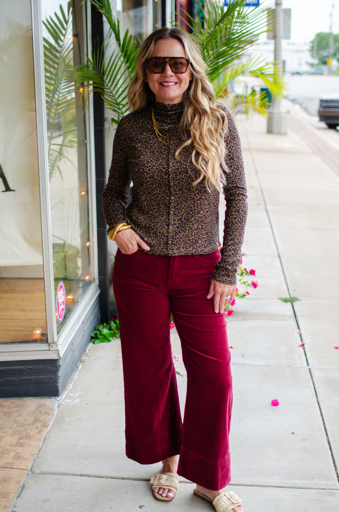 Risen High Rise Crop Wide Corduroy Pants in Wine