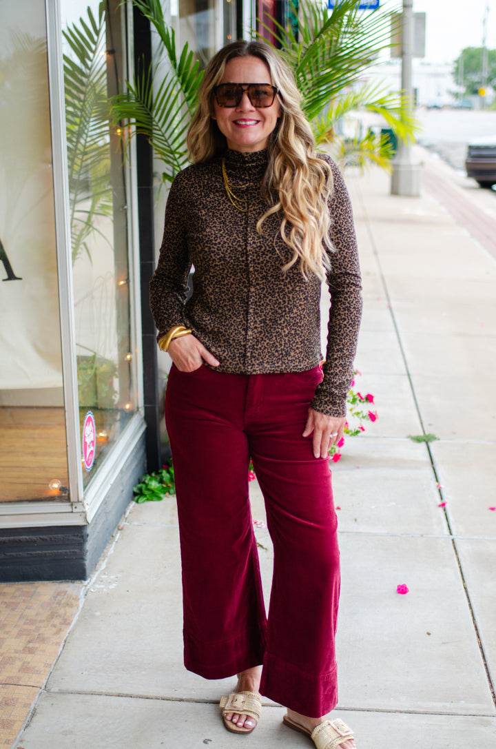 Risen High Rise Crop Wide Corduroy Pants in Wine