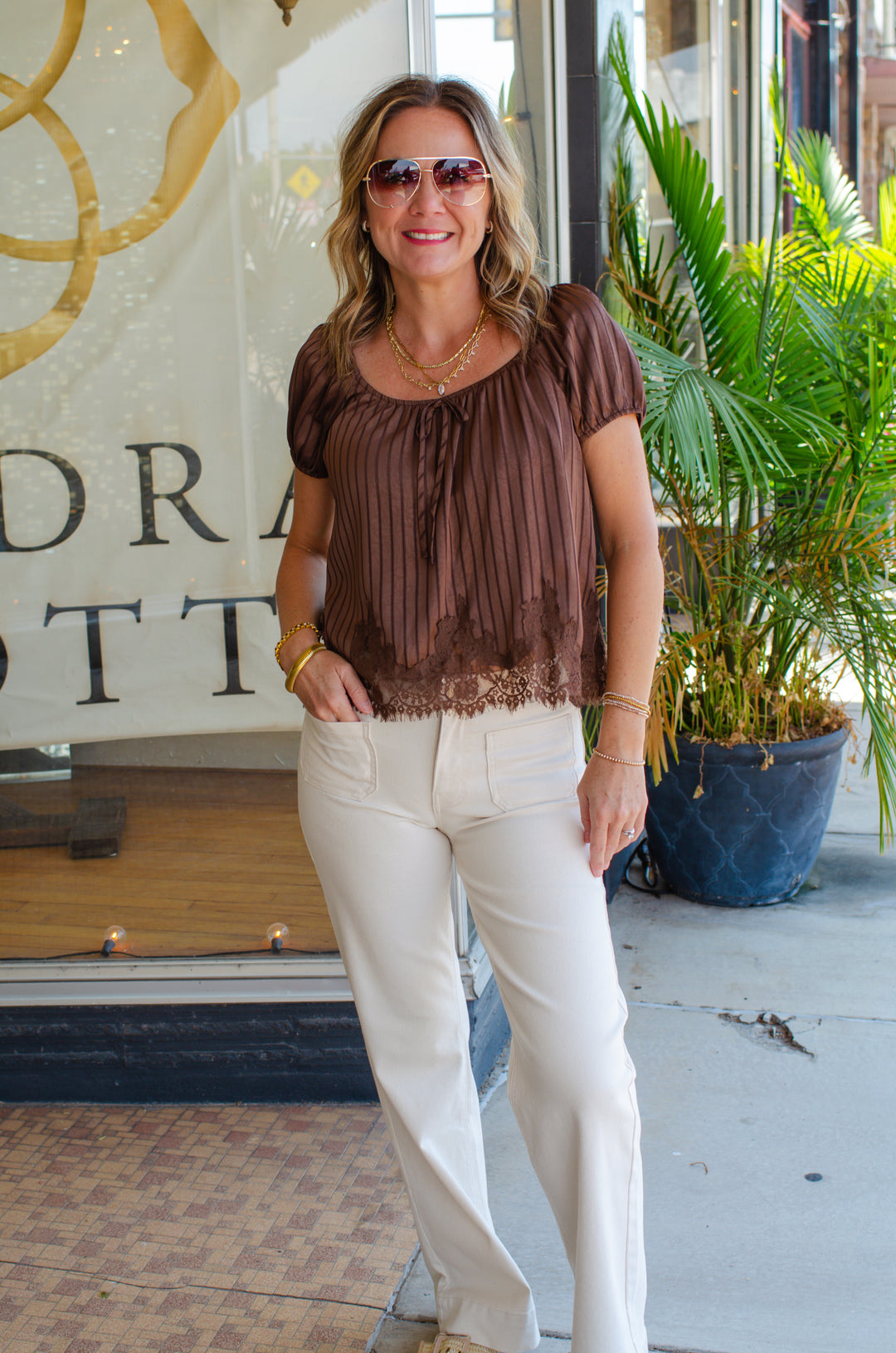 Whimsical Memories Silky Stretch Neckline Top in Lace Hem in Chocolate