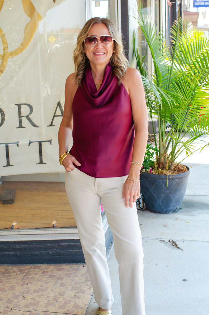Date Night Beauty Cowl Neck Top in Wine