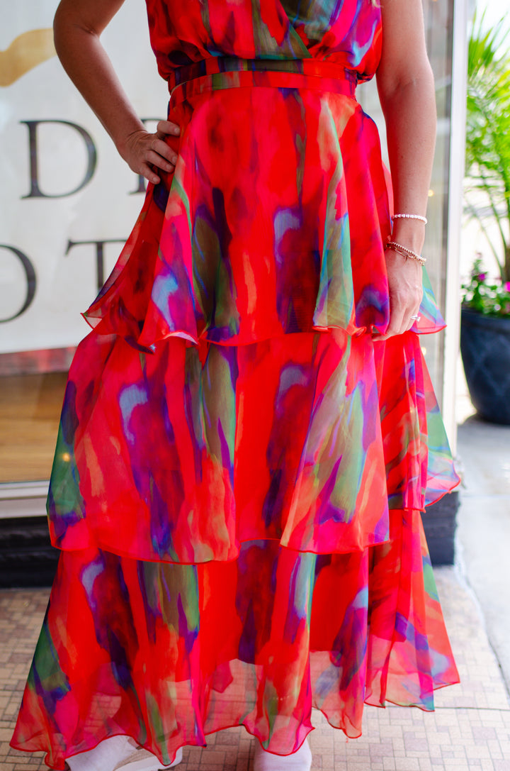 Vibrant Watercolor Tiered Maxi Skirt in Tomato Red