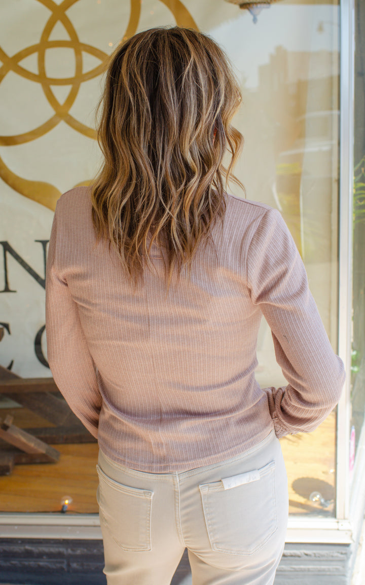 Make You Mine Lace Sleeve Button Down Henley Top in Mocha