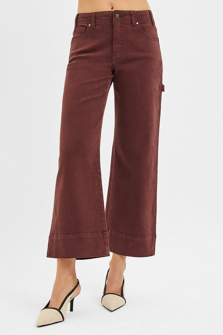 Risen High Rise Tummy Control Wide Leg Cuff Jeans in Chocolate