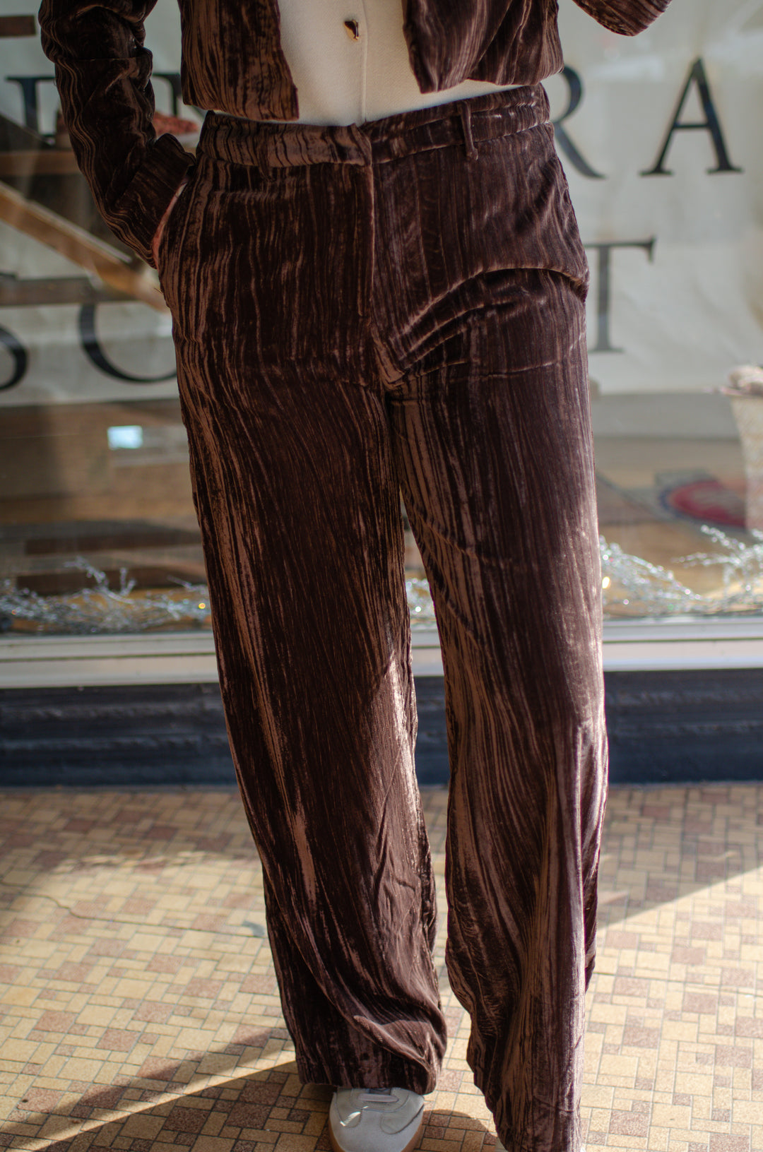 Pure Luxury Chocolate Brown Crushed Velvet Mid Rise Pant