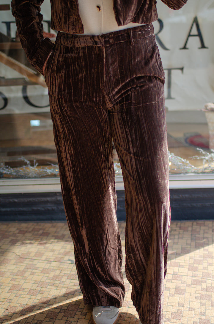 Pure Luxury Chocolate Brown Crushed Velvet Mid Rise Pant