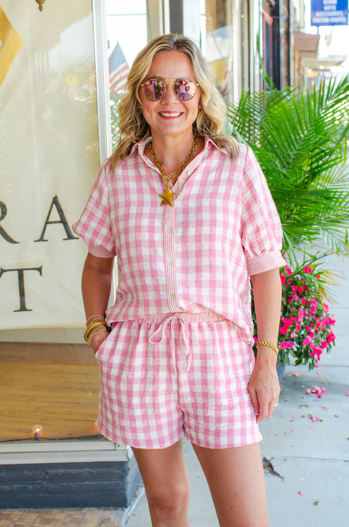 Take Heart Pink Gingham Stretch Waist Drawstring Shorts