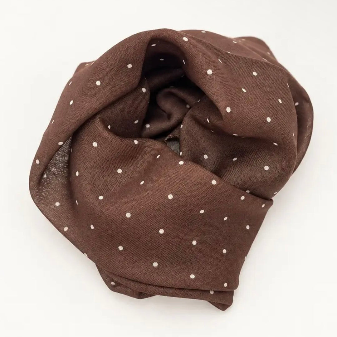 Chocolate Printed Scarf with Cream Polka Dots