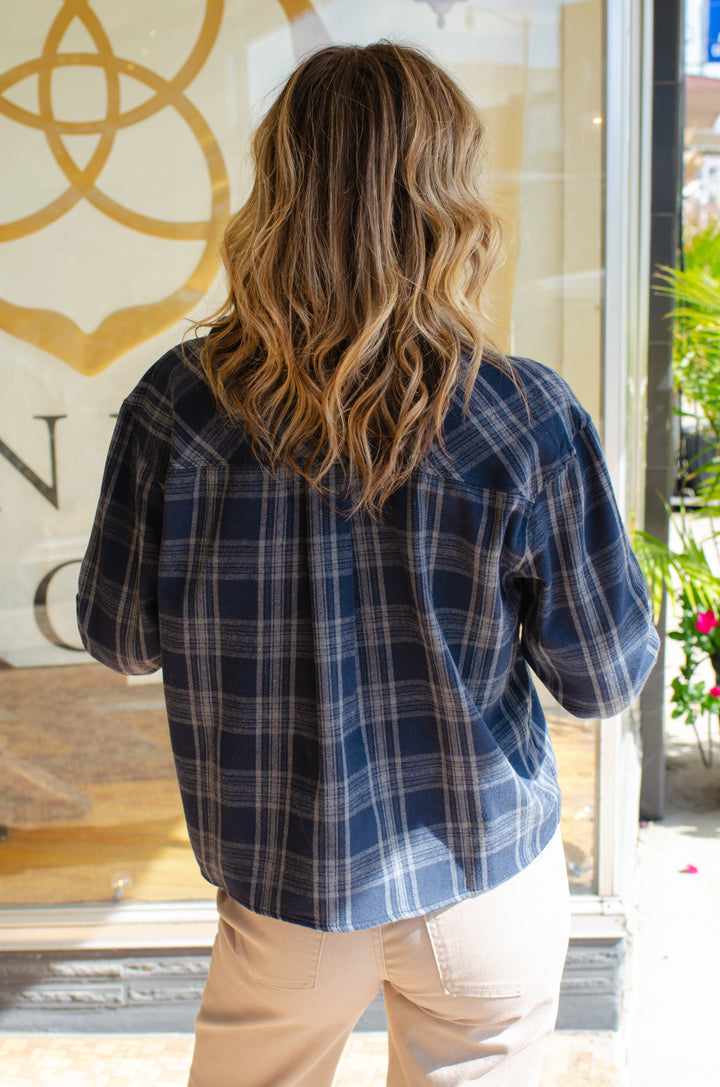 Bonfire Plaid Button Down Flannel in Navy/Grey Mix