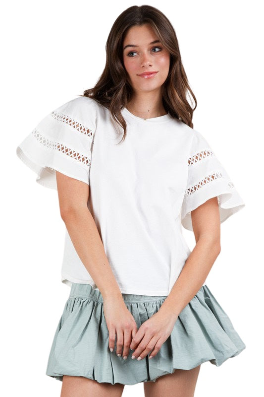 Chic Style Lace Trim Solid Knit Top in White