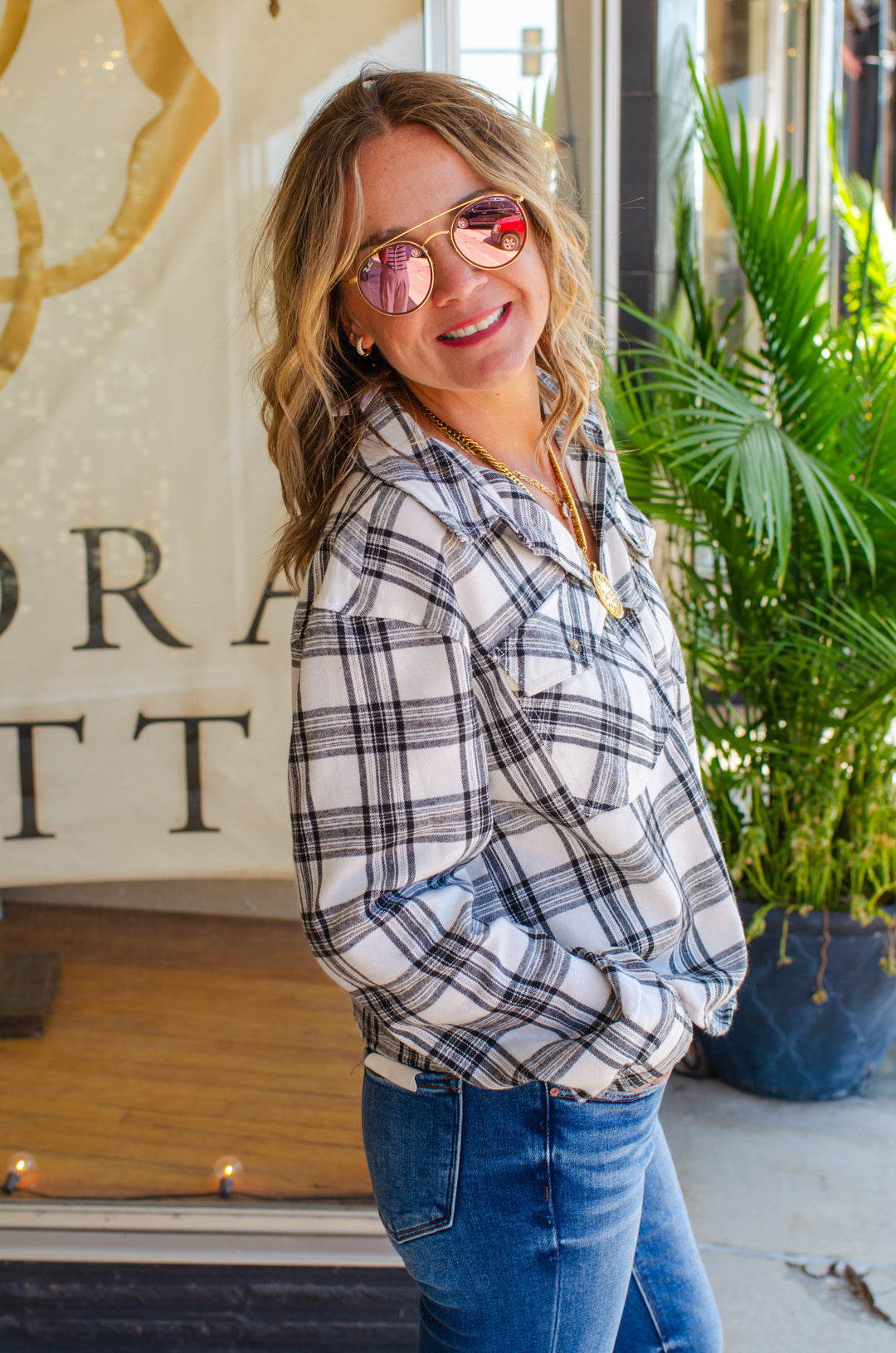 Bonfire Plaid Button Down Flannel in White/Black Mix