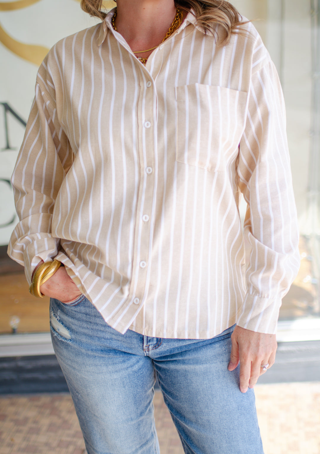 Fall Classic Stripe Button Down Boyfriend Top in Taupe