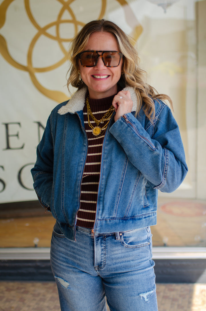 Take My Hand Medium Wash Shearing Denim Jacket