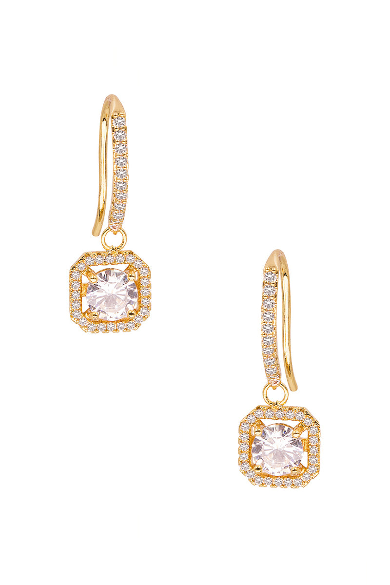 Gold CZ Square Halo Hook Earring