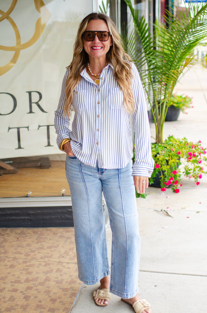 Risen Mid Rise Wide Crop Front & Back Pintuck Detailed Jeans in Light Wash