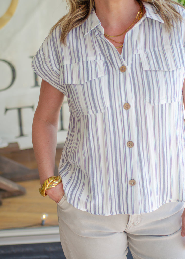 Just The Way You Are Navy Stripe Button Down Top