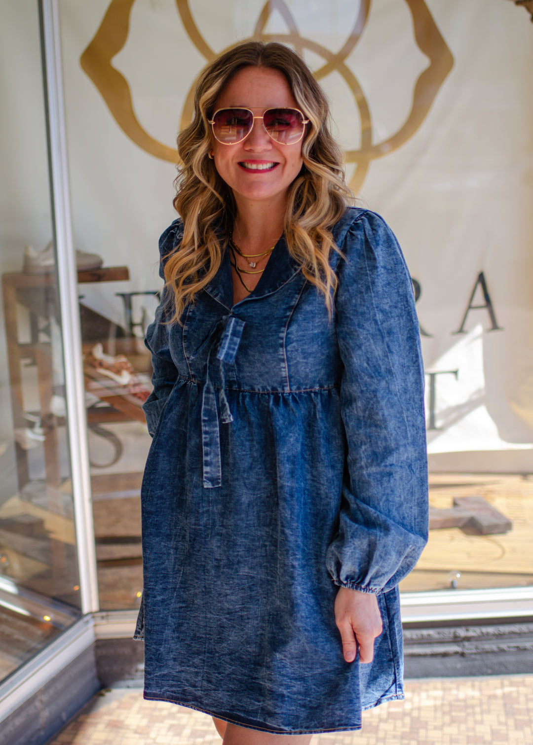 Denim Dreamer Bow Front Washed Dark Denim Dress