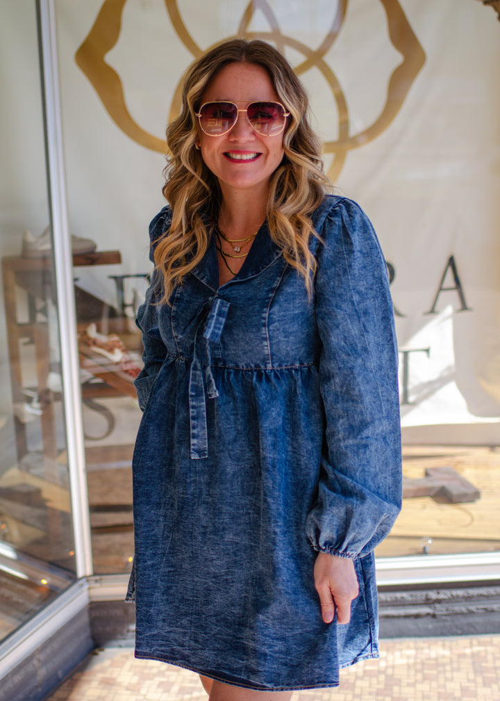 Denim Dreamer Bow Front Washed Dark Denim Dress