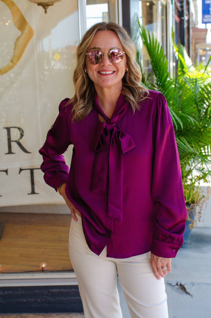 Your My Beau Tie Front Silky Long Sleeve Top in Eggplant