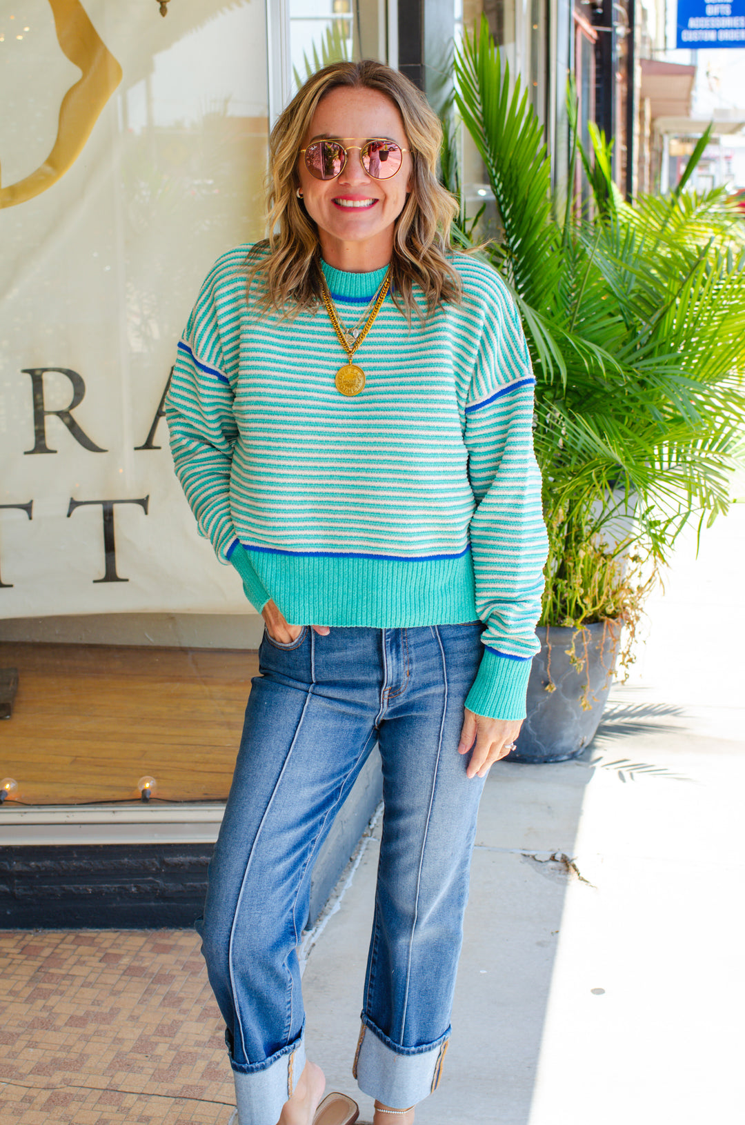Get Cozy Soft Ribbed Knit Round Neck Color Block Sweater in Seafoam