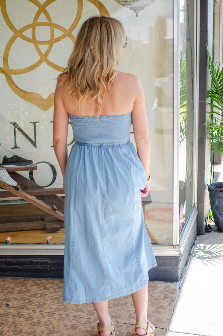 Simply Charmed Denim Strapless Midi Dress in Light Wash