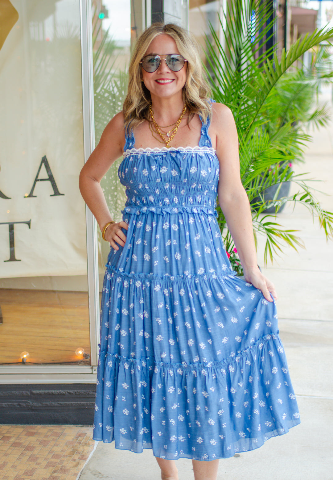 Sweet Symphony Blue Floral Print Corset Top Maxi Dress